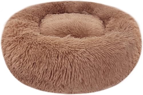 Cama calmante para perros y gatos, cama redonda de felpa esponjosa de 23.6 pulgadas, cálida y suave, acogedora, antiansiedad, con parte inferior antideslizante y lavable (L-60 cm, café)