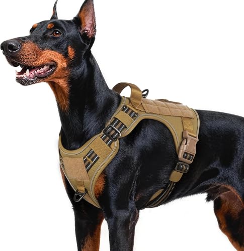 rabbitgoo Arnés táctico para perros grandes, chaleco de servicio militar sin tirones con tiras reflectantes y mango de fácil control para correr, entrenar y caminar, ajustable y cómodo (marrón L)